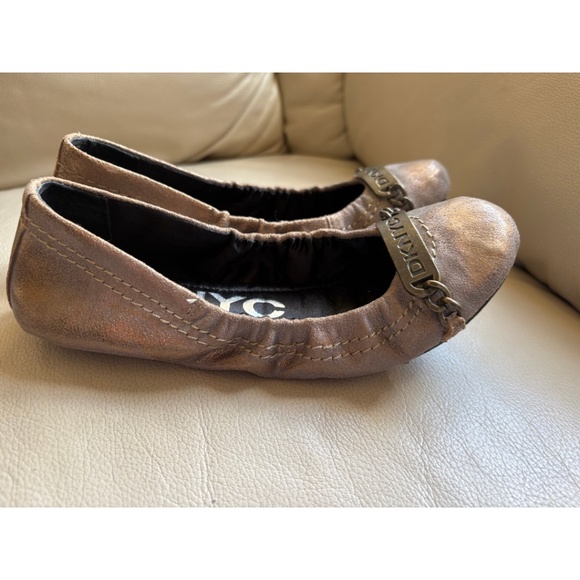 DKNYC Metallic Bronze Ballet Flats with Logo Chain Detail - Picture 3 of 8